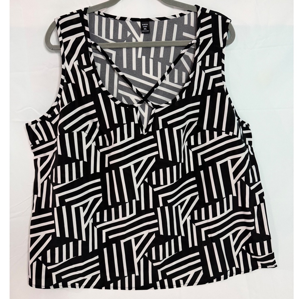 Shein Curve 3XL Black White Geometric Abstract Strappy Neck Sleeveless TopBlouse